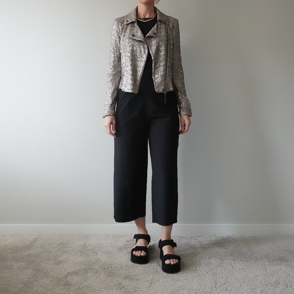 Mango Silver - Tan Sequin Details Long Sleeve Asymmetrical Zip Jacket Size XS